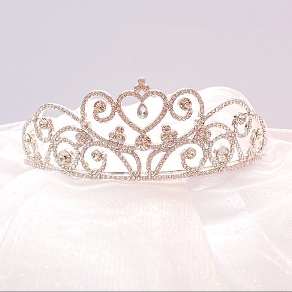 Silver metal white swirl heart rhinestone crystal sparkly tiara hair head crown - Picture 1 of 5